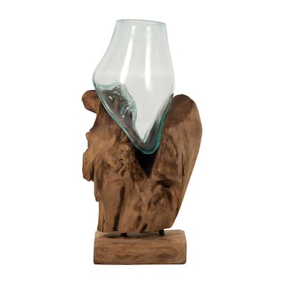 Sagebrook Home Glass Vase In Wood Stand, Brown Finish, Centerpieces, and Home Decor