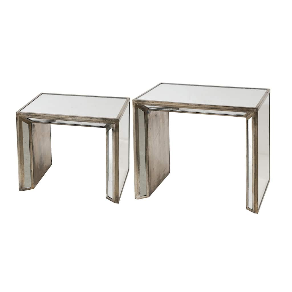 27, 21 Inch Nesting Side Table Set of 2, Mirrored Wood Frame, Silver - 42.8 H x 30.7 W x 48.3 L Inches