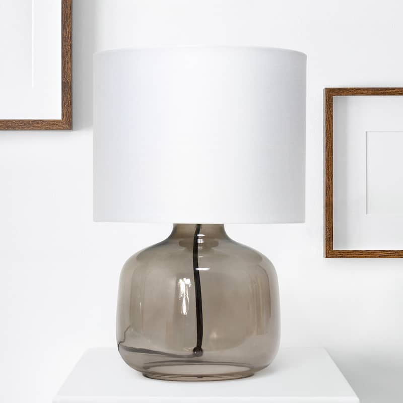 13.75" Modern Round Glass Table Lamp with Fabric Drum Shade for Bedroom or Living Room - 9"L x 9"W x 13.75"H