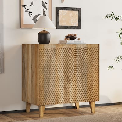 Wood Accent Cabinet with Storage, Rustic Mango Wood Storage Cabinet with Fluted Design and Adjustable Shelf for Dining R