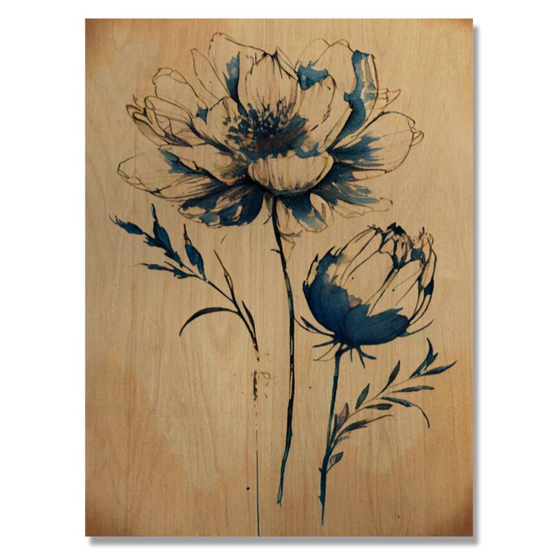 Designart 'Blue Vintage Flower Blooming VI' Floral Wood Wall Art - Natural Pine Wood