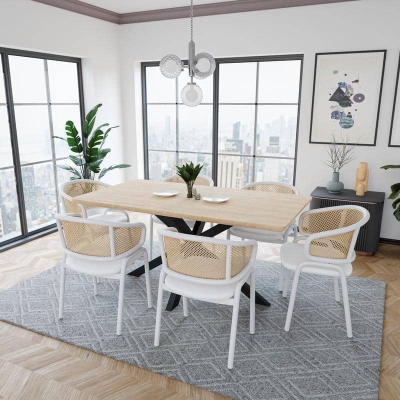 Ervilla Modern Mid-Century Velvet Side Dining Chair with Rattan Back & White Steel Legs for Kitchen, Dining Room or Living Space