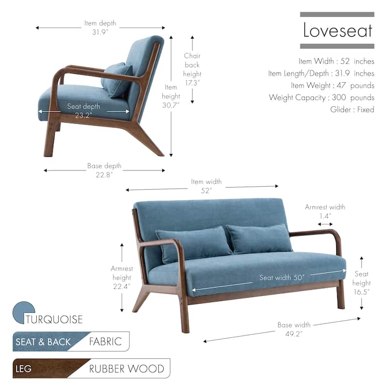 Porthos Home Juno Fabric Loveseat Small Couch Sofa with Pillows, Rubberwood Frame