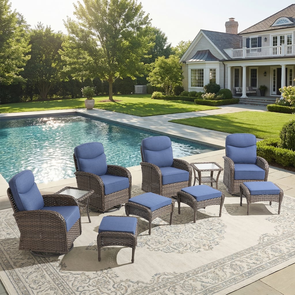 Pocassy Outdoor Patio 10 Piece Swivel Chair Side Table with Ottoman