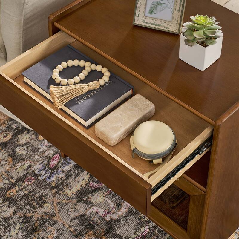 Mid Century Nightstand with Charging Station,2 Drawers,and Open Shelf,for Living Room and Dorm