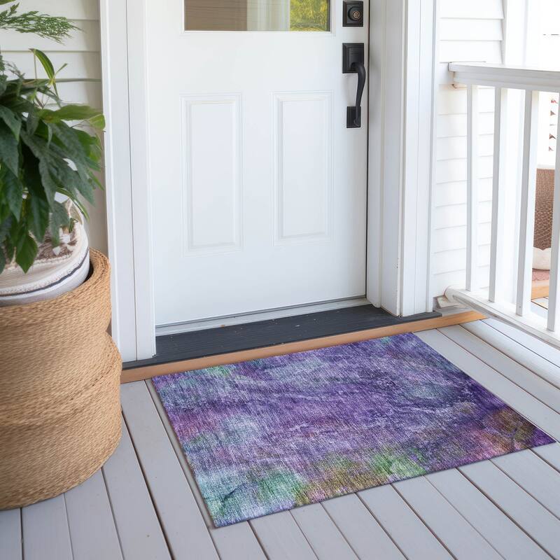 Machine Washable Indoor/ Outdoor Abstract Watercolor Chantille Rug - Purple - 1'8" x 2'6"
