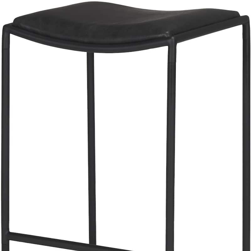 HomeRoots Black Genuine Leather and Iron Backless Counter Height Bar Chair