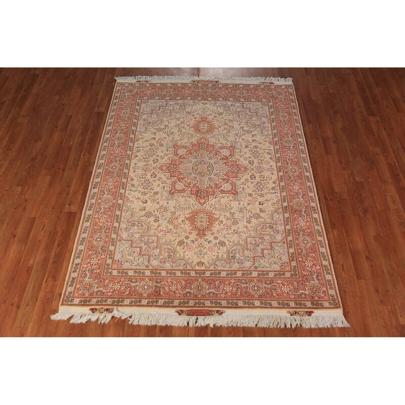 Geometric Tabriz Oriental Rug Handmade Wool Carpet - 5'1" x 6'11"