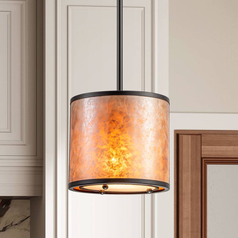 20" W and 8" W Rustic Matte Black Finish Tawny Mica Drum Pendant Light for Living Room & Bedroom - 8 in. W x 8.1 in. H x 8 in. D