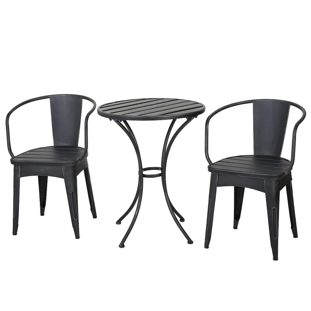 Rune Outdoor Bistro Set, 2 Chairs, Round Slatted Table, Black Iron