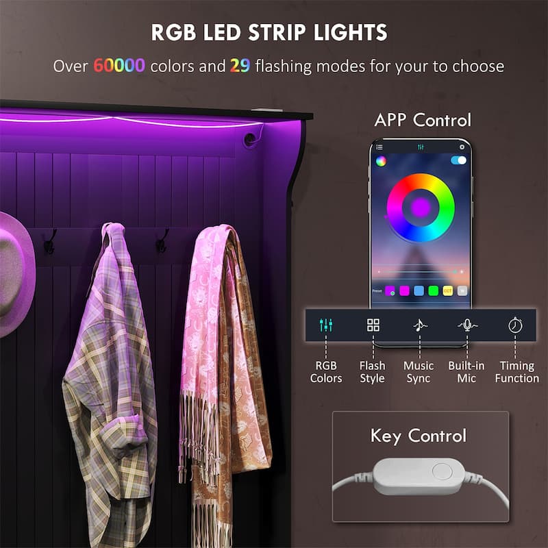MDF Hall Tree Storage Bench with LED Light and Hooks - 37.75" W x 13.5" D x 70.75" H