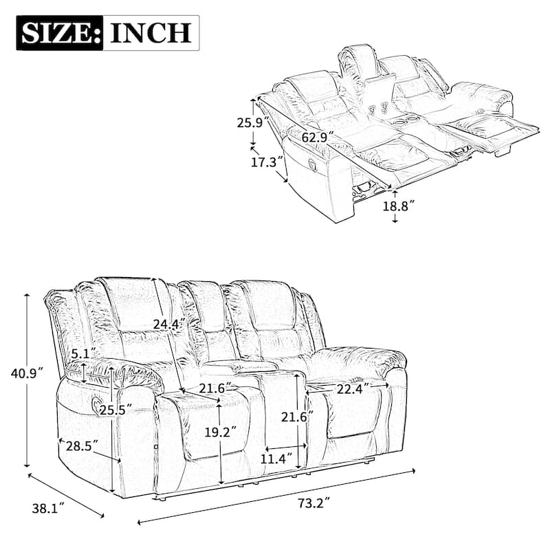Roomfitters 2-Seater Manual Home Theater Recliner Chair with Storage Box and Cup Holders, Grey