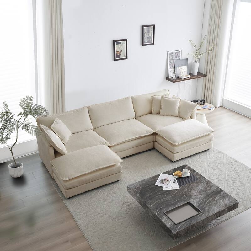 Modern 5-Seater Convertible Corner Couch with 2 Reversible Ottomans - Beige
