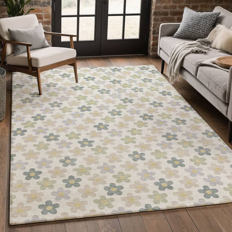 Machine Washable Indoor/ Outdoor Floral Kechi Chantille Rug