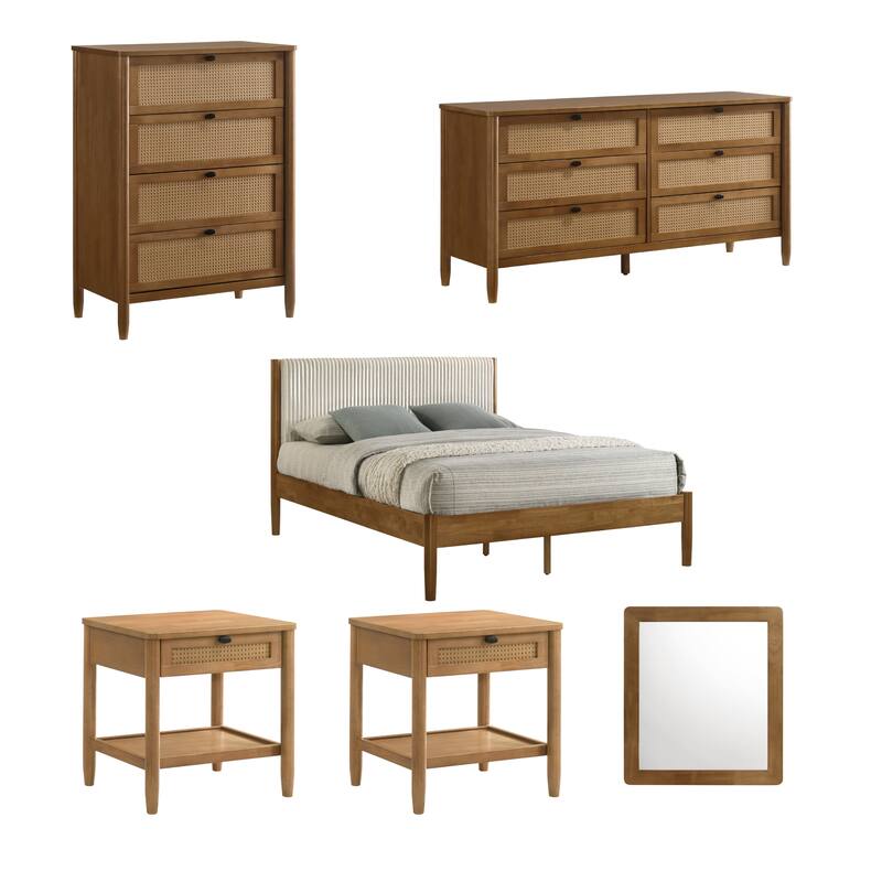 Roundhill Furniture Vichy 6-Piece Rattan Bedroom Set with Upholstered Queen Bed, Dresser, Mirror, 2 Nightstands, and Chest