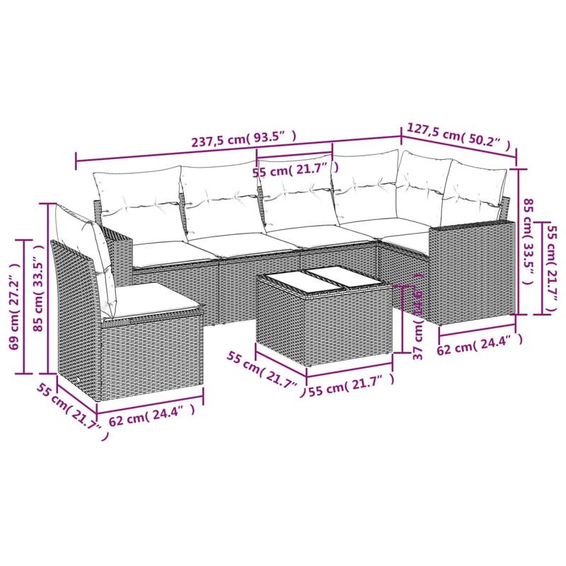 vidaXL 6/7 Piece Patio Sofa Set with Cushions Black Poly Rattan - 24.4" x 24.4" x 27.2"