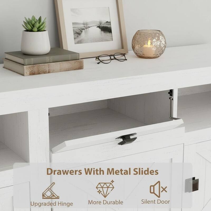 Farmhouse TV Stand, with 4 Storage Drawers & 3 Open Shelf