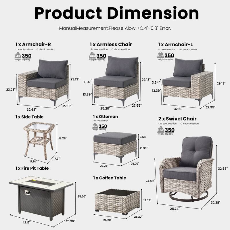 OVIOS 9-Piece Outdoor Chaise Lounge Sofa Set​ With Fire Pit​