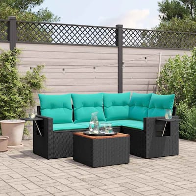vidaXL 5 Piece Patio Sofa Set with Cushions Black Poly Rattan - 24.4" x 24.4" x 27.2"