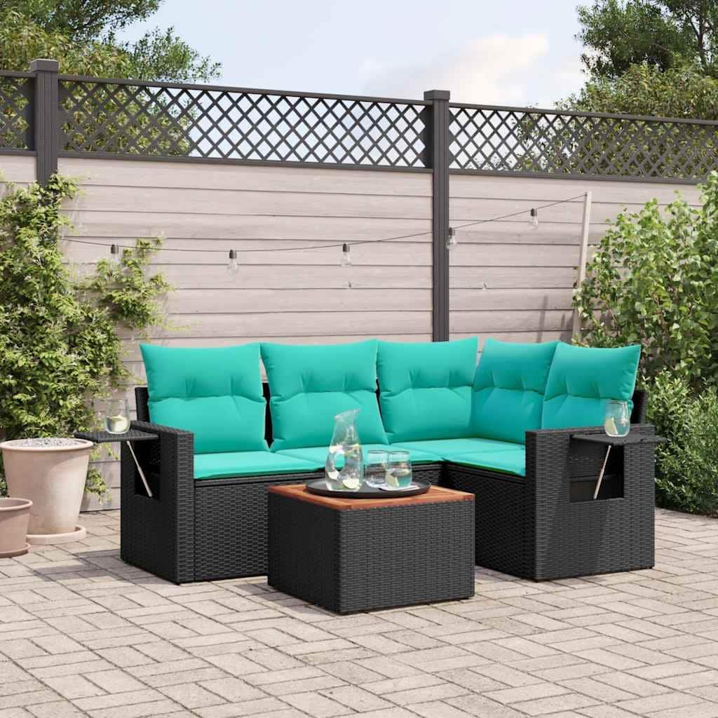 vidaXL 5 Piece Patio Sofa Set with Cushions Black Poly Rattan - 24.4" x 24.4" x 27.2"