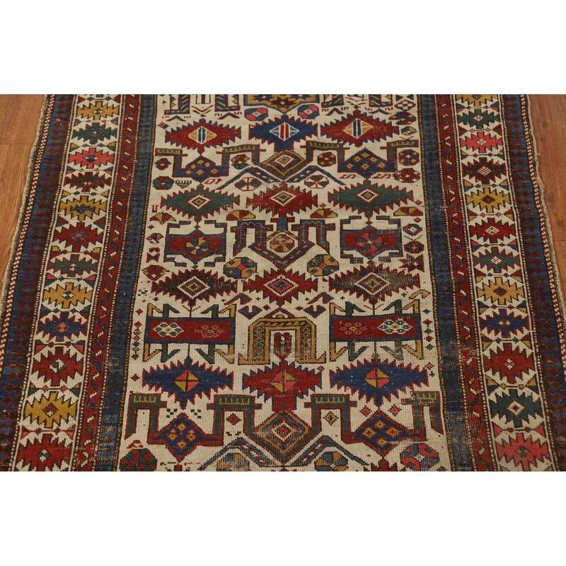 Hand Knotted Oriental 100% Wool Carpet Traditional Tribal Beige & Ivories Kazak Area Rug - 4' 11'' X 3' 4''