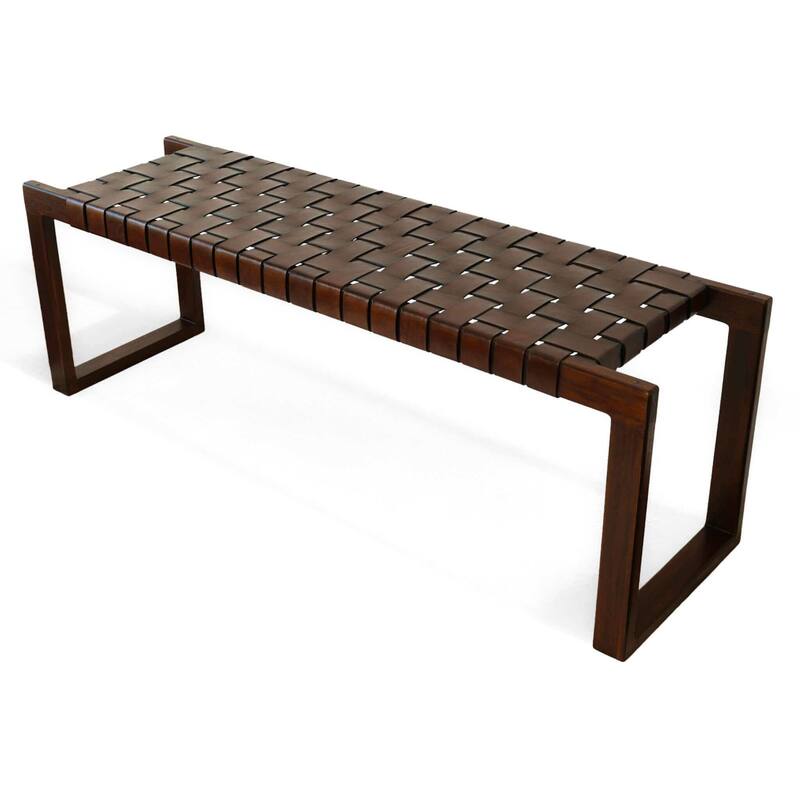 GDFStudio - Christina Mid-Century Modern 55" Tan Genuine Leather Bench with Solid Wood Frame & Tapered Legs - 55.1"W