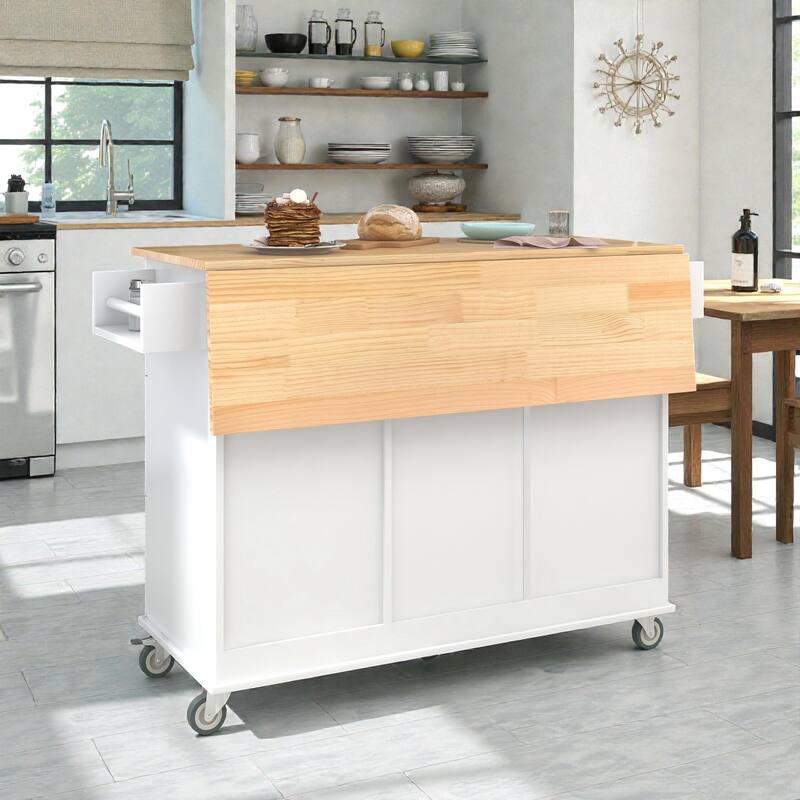 52.7" Rolling Kitchen Island with Solid Wood Top, Drop Leaf Breakfast Bar, Storage Cabinet, Wheels