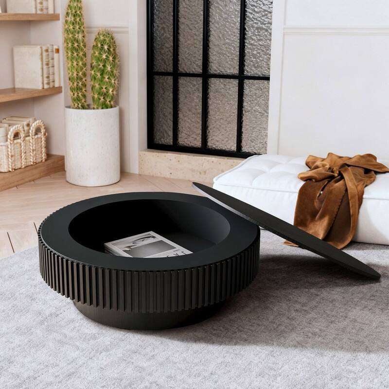 39.37" Round Coffee Table with Storage Solid Wood Veneered Modern Accent Table for Living Room or Bedroom - Black