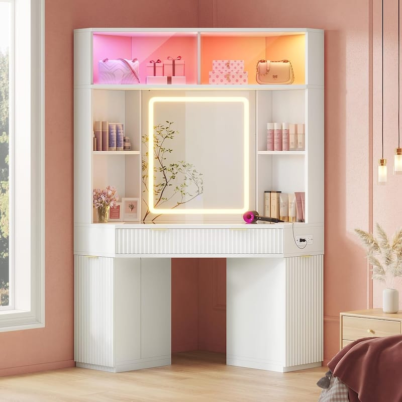 Corner Vanity Desk with Lighted Mirror Drawers Shelves Storage Stool - Fluted White
