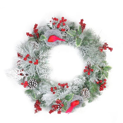 Berries Red Cardinals Nests Flocked Artificial Christmas Wreath 24"