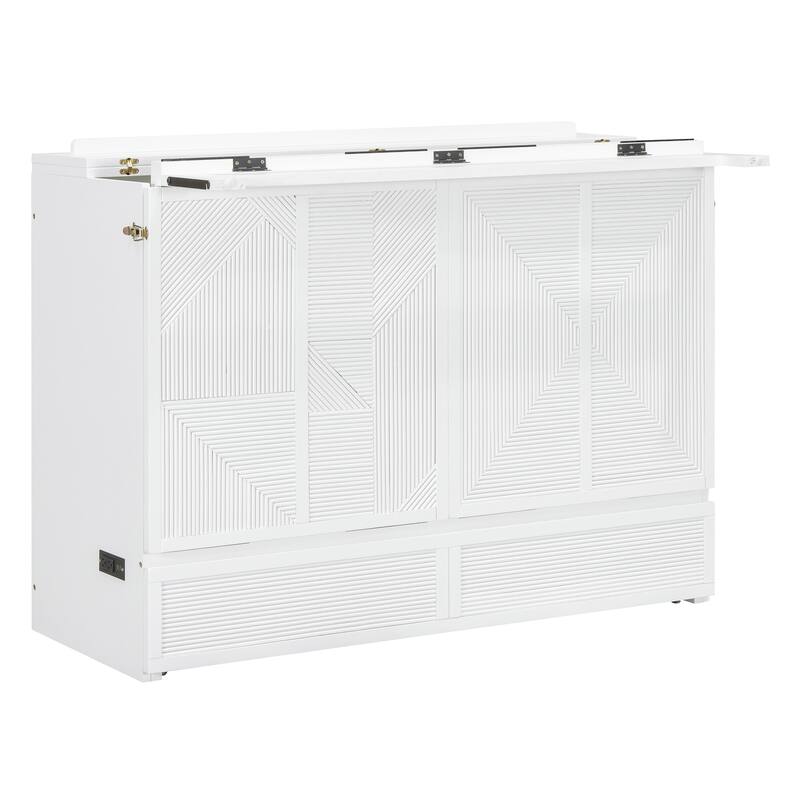Full Size Murphy Bed with Large Drawer,USB Ports and Outlets,White