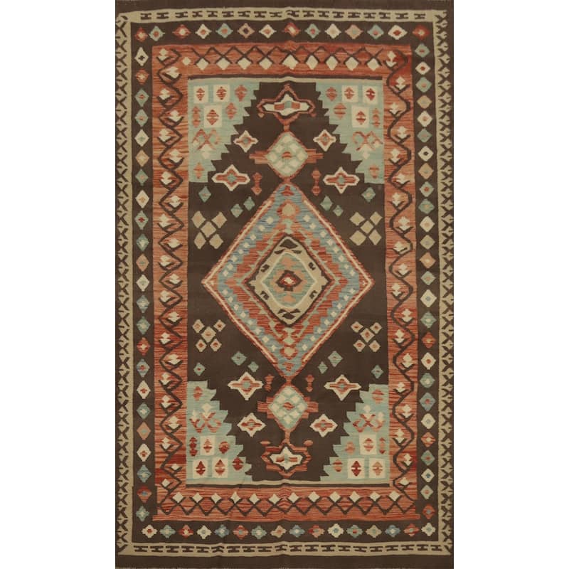 Hand Woven Oriental 100% Wool Carpet Southwestern Tribal Brown Kilim Area Rug - 9' 10'' X 6' 7''
