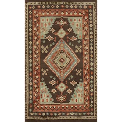Hand Woven Oriental 100% Wool Carpet Southwestern Tribal Brown Kilim Area Rug - 9' 10'' X 6' 7''