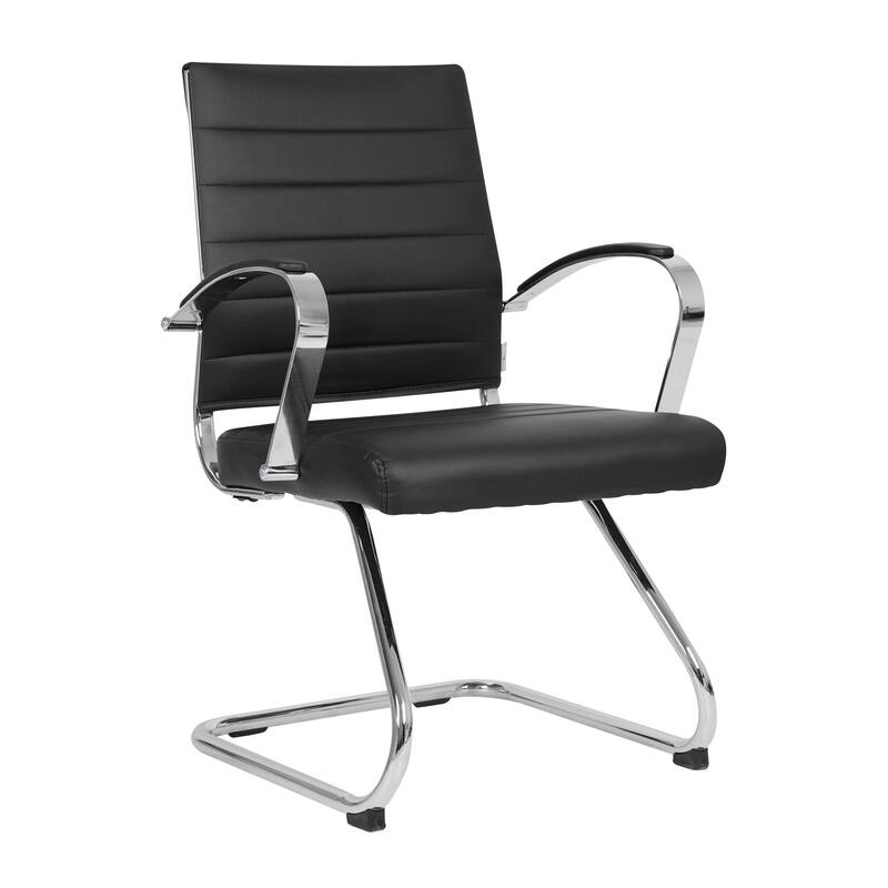 Benmar Modern Leather Office Chair with Stainless Steel Sled Base, Floor Caps, Ergonomic Desk Chair for Home Office or Workspace - Black