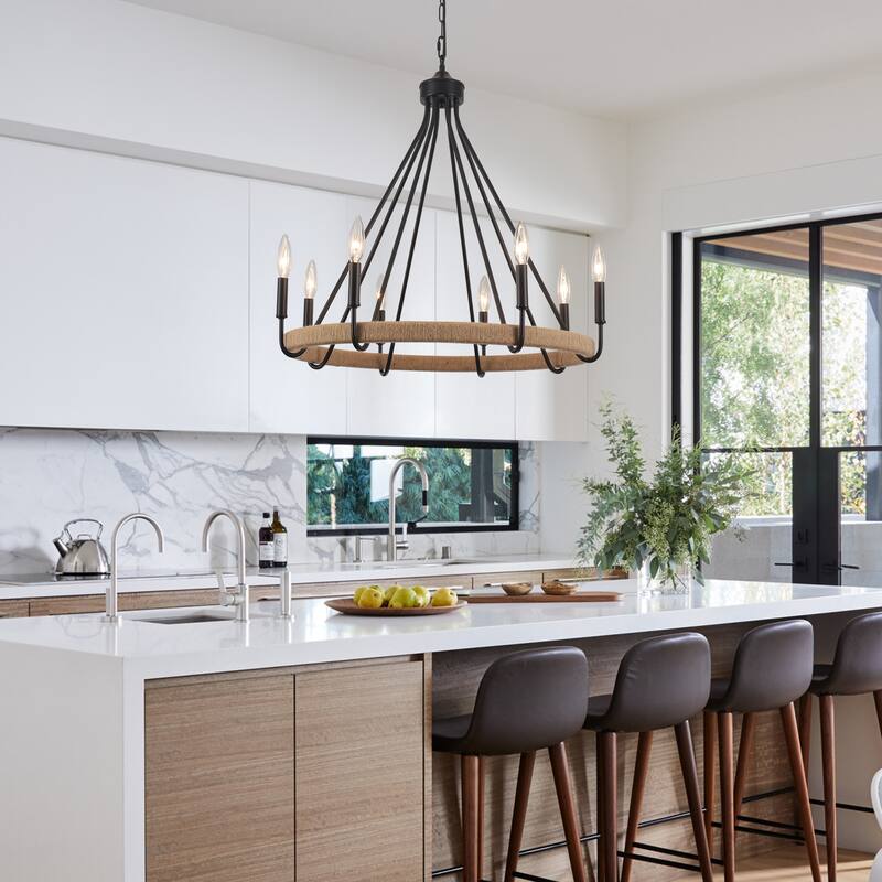 8-Light Hanging Candlestick Wagon Wheel Chandelier Hemp Rope Linear Chandelier Lighting for Kitchen Island