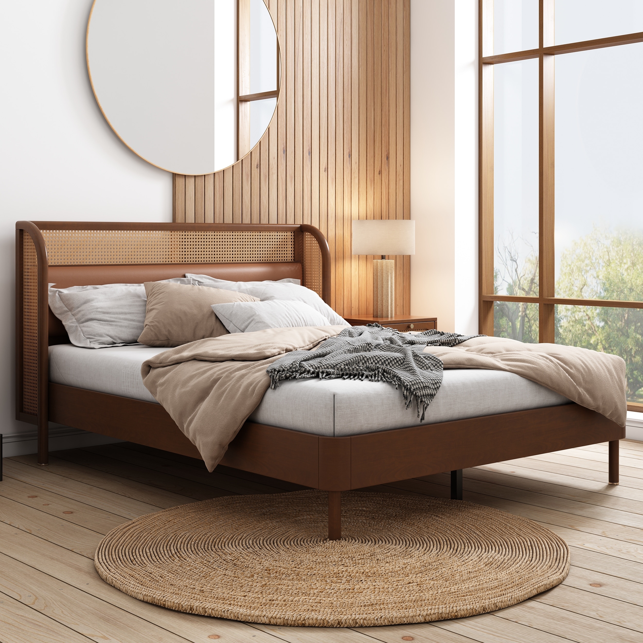 Queen Size Walnut Rattan Wood Platform Queen Bed Seven Pillars