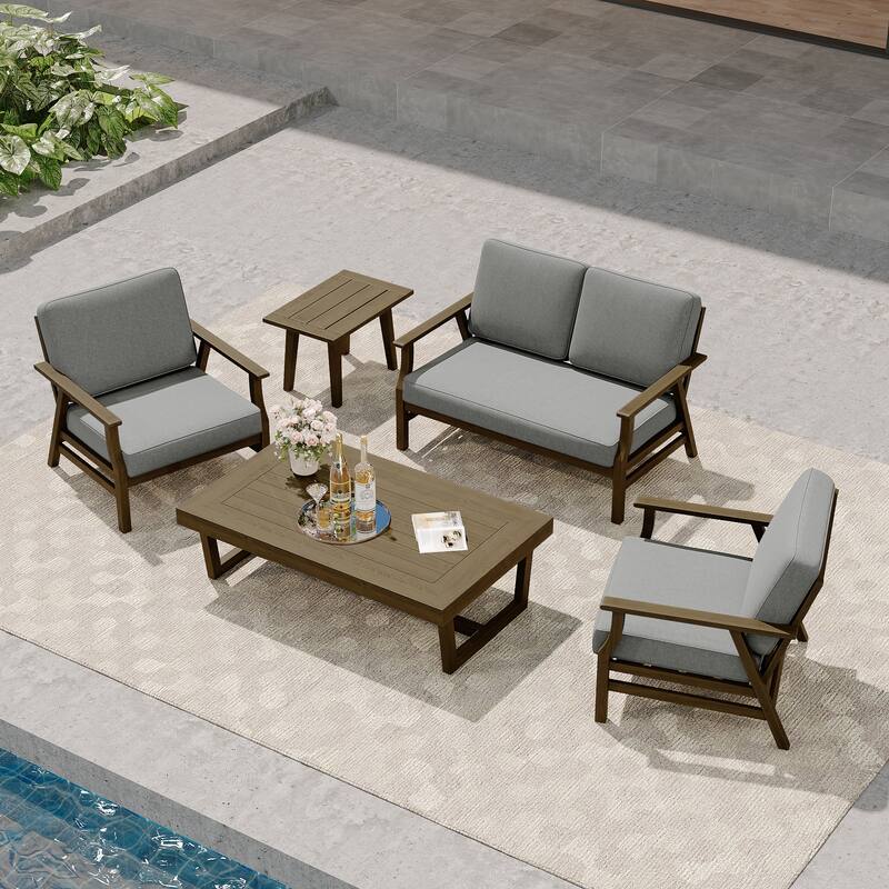 Modern Wood Cushioned Outdoor Patio Sofa Loveseat with Coffee Table