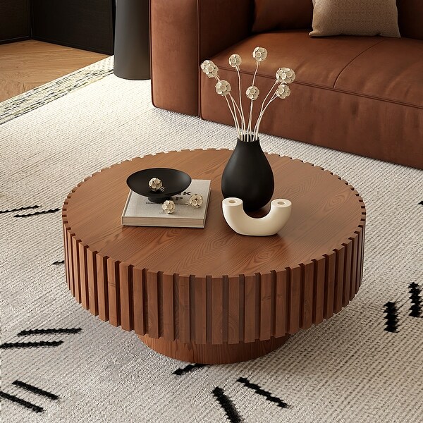 Round Handcrafted Olive-Shaped Wooden Coffee Table - Thumbnail 2