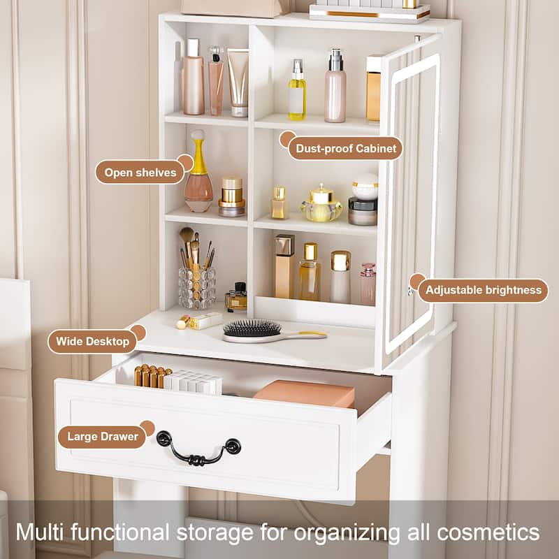 Modern Mini Dressing Table with LED-lit Mirror & Hidden Storage,Includes Padded Stool,Multi-tier Dust-proof Shelves