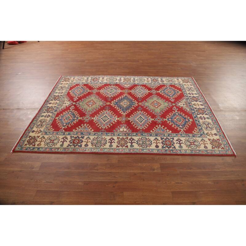 Red Kazak Area Rug Hand-Knotted Oriental Wool Carpet - 5'0" x 6'8"