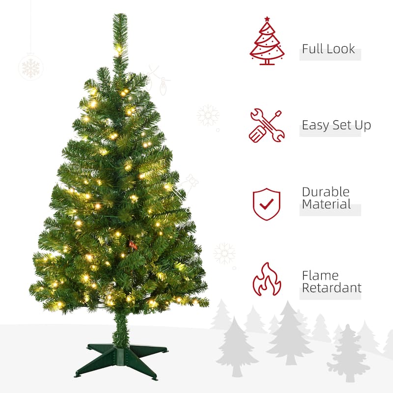 HOMCOM 4ft Tall Prelit Artificial Christmas Tree Holiday Décor with 208 Branches, 100 Warm White or Colorful LED Lights