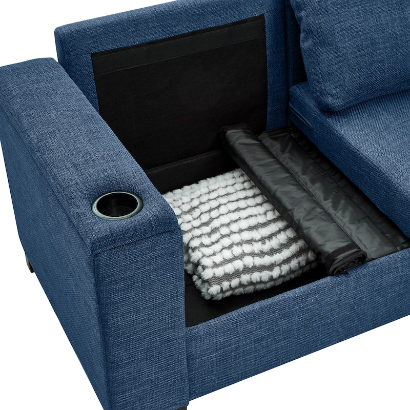 Roomfitters 93.7" Modern Sofa with Square Armrests, Upholstered Fabric Couch with Cup Holder and Storage for Living Room