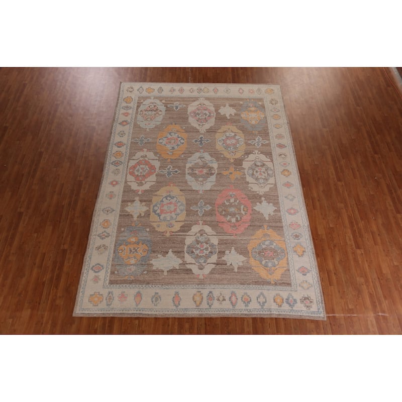 Hand Knotted Oriental 100% Wool Carpet Transitional Geometric Brown Oushak Area Rug - 12' 6'' X 8' 11''