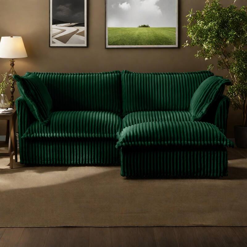 Corduroy Slipcovered 2-Seater Sectional Sofa with Convertible Ottoman, Wide and Deep Seat,and Soft Multiple Big Pillows - Green