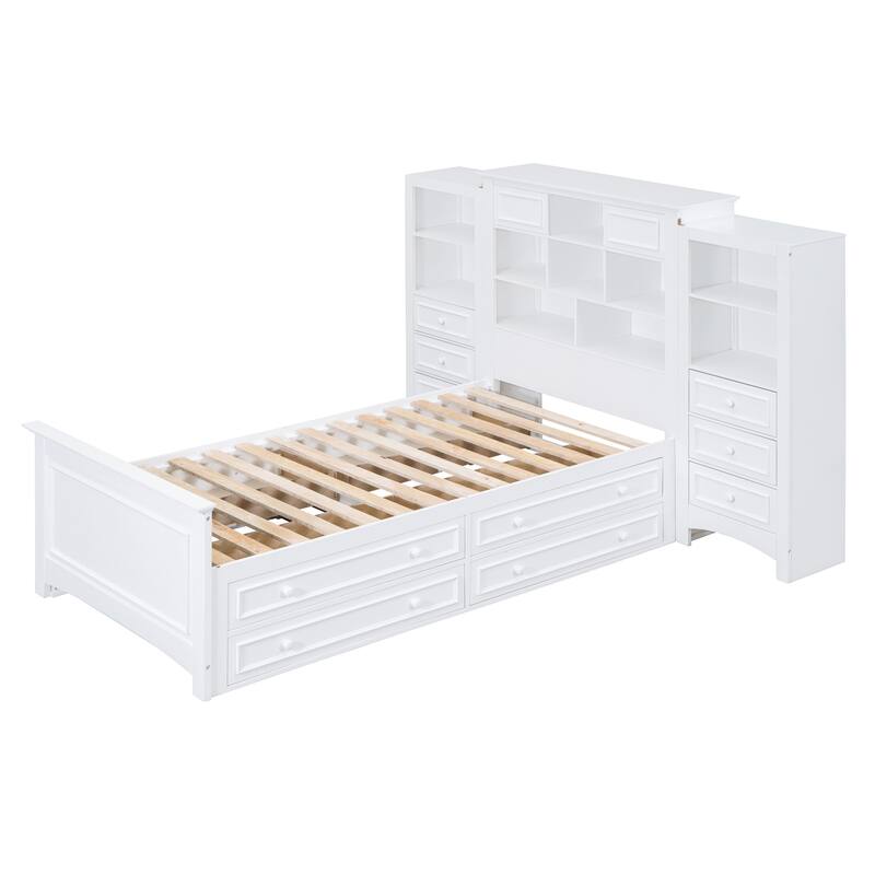 Twin Size White Wood Platform Bed with Vertical Cabinet and 8 Drawers