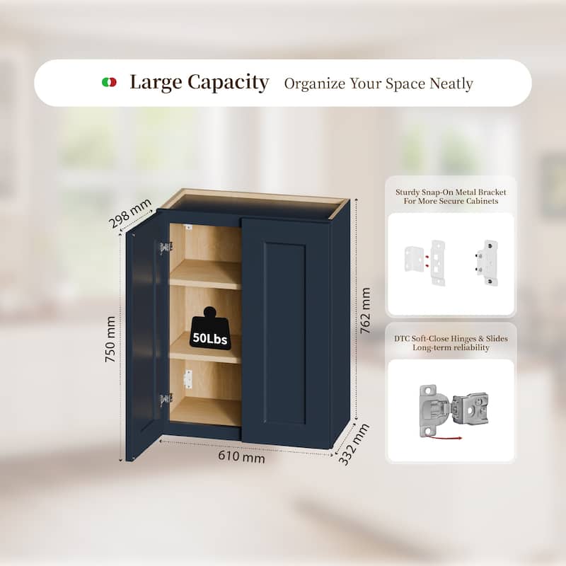 Navy Blue Shaker 24" Solid Wood Wall Cabinet, Soft Close Hinges, Adjustable Shelves, Double Door for Kitchen, Bath, Laundry