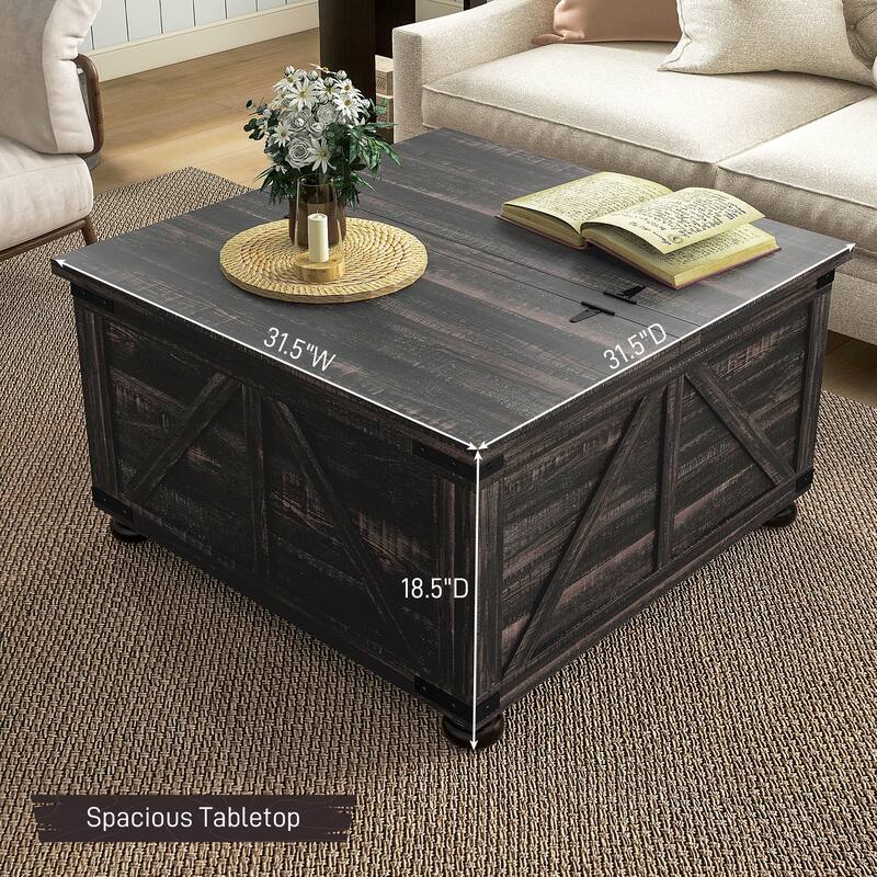 Farmhouse Square Coffee Table with Storage for Living Room, Center Table with Hinged Flip Lift Top and Hidden Space