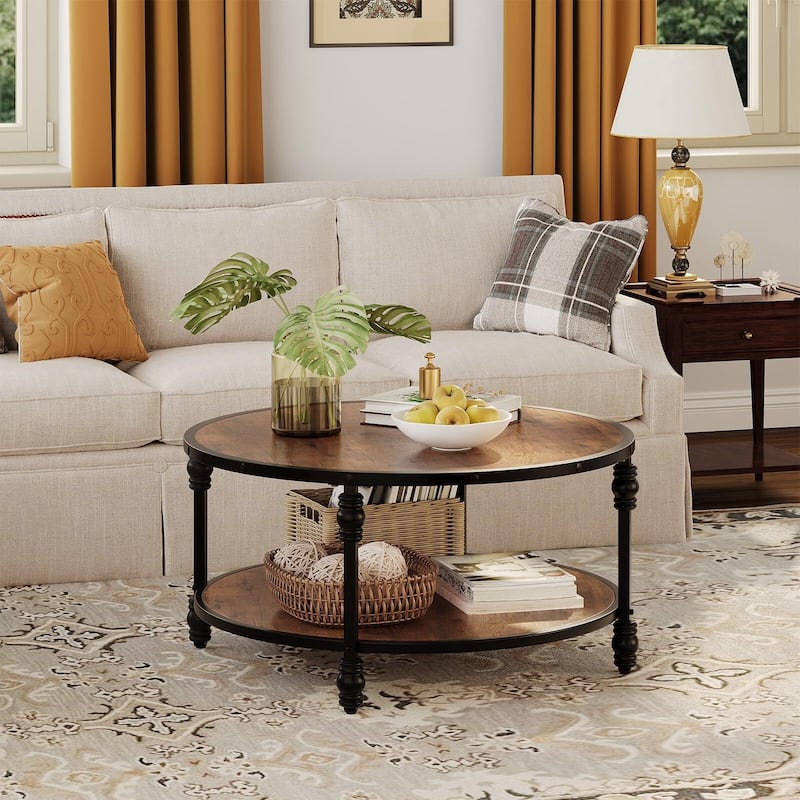 Round Coffee Table for Living Room Rustic Center Table with Storage