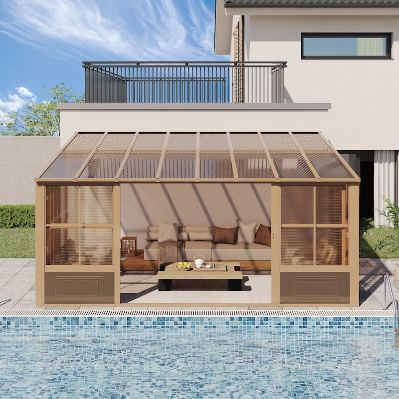 Erommy Outdoor Solarium Sunroom, Patio Hardtop Gazebo, Aluminum Frame Permanent Gazebo with Sliding Doors and Screens - 10' x 16' - Brown