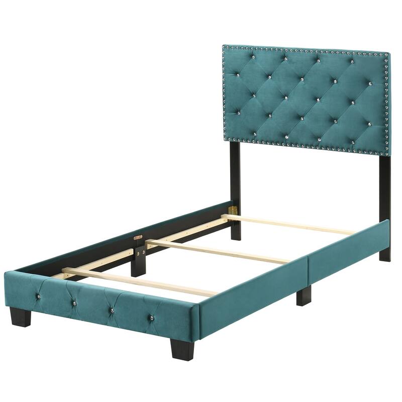 Suffolk Velvet Upholstered Jewel Accent Tufted Nailhead Panel Bed